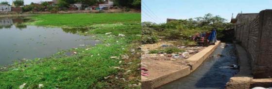 The present status of the urban pond Bandhwa Talab (left) and discharge of untreated waste water (right). Source: CDD (2012)